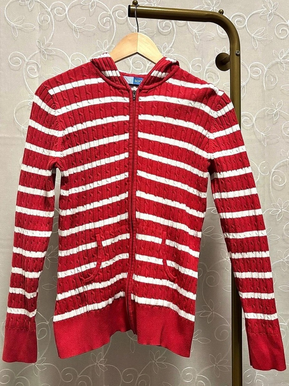 Denver Hayes Striped Knit Hooded Sweater in Red & White Size Large Approx Small